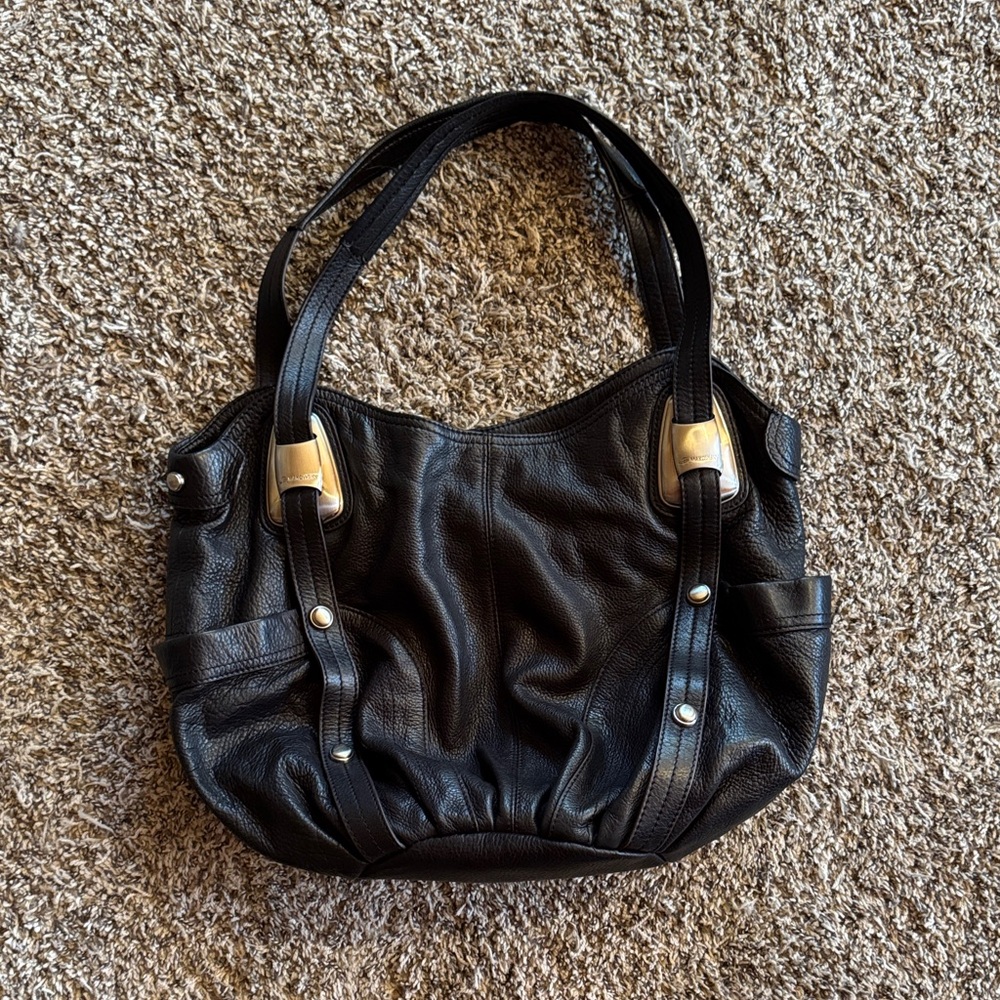 b. makowsky Black Leather Shoulder Tote with Silver-Tone Accents